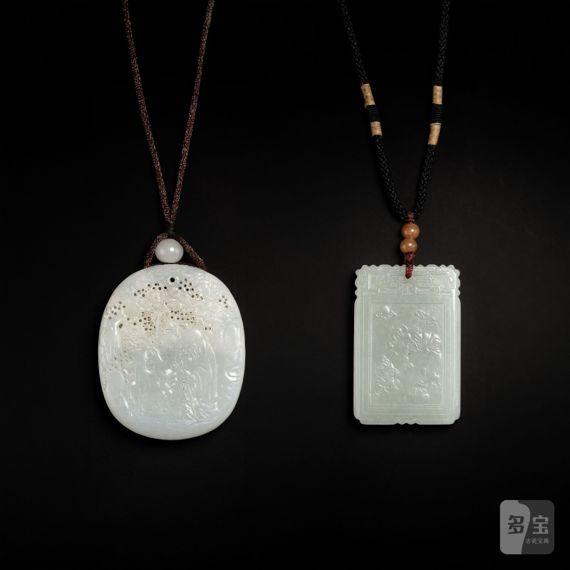 清末/民國　白玉祝壽圖珮 及 白玉詩文珮 | TWO WHITE JADE PENDANTS - 图1